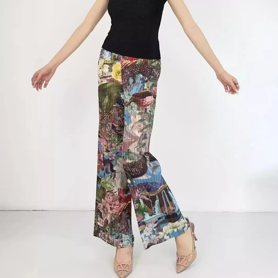 2024 Pleats New Spring And Summer Wide-legged Pleated Fold Digital Print Loose Thin Fashion Versatile Pants Women Clothing