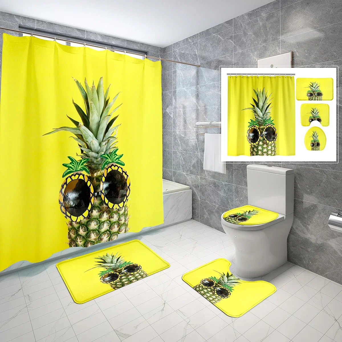 

4 PCS Pineapple Shower Curtain Sets,Creativity Funny Fruit Bathroom Waterproof Bath Curtain,Non-Slip Bath Mat Toilet Cover Set