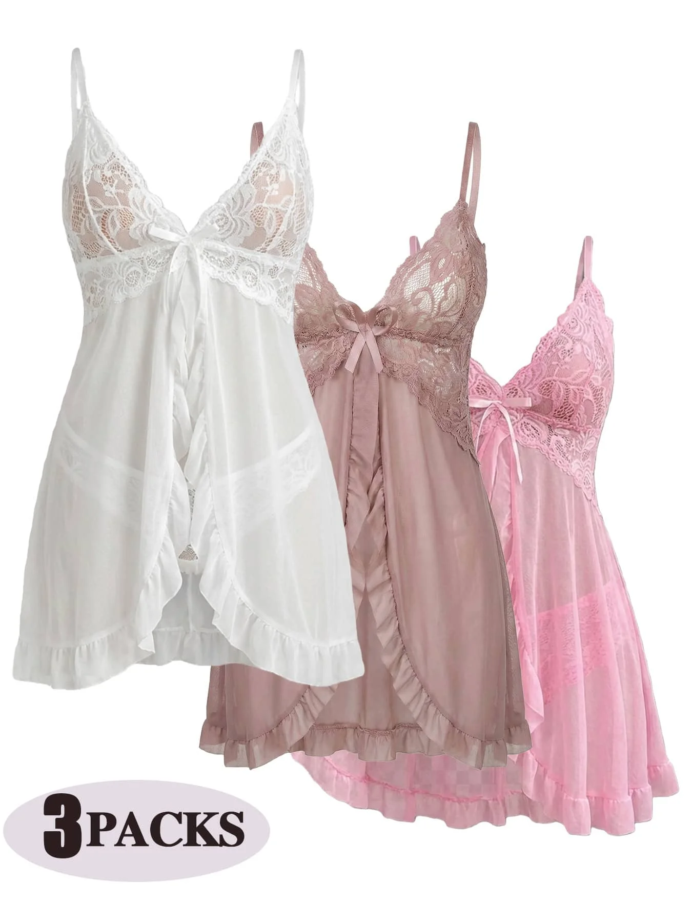 3-Pack Lace Chemise Nightgown With Panty Spaghetti Strap V-Neck Sheer Mesh Ruffle Bow Trim
