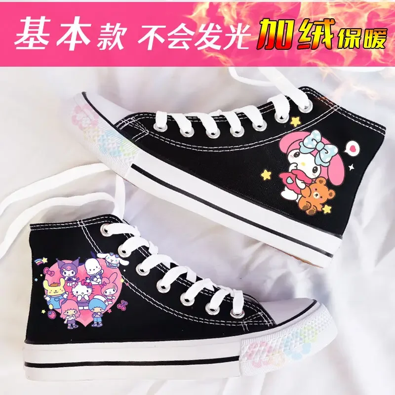 Kawaii Sanrio Hello Kitty Luminous Shoes Kuromi Cinnamoroll Anime Boy High Heel Canvas Breathable Fluffy Sneakers Couple Gifts