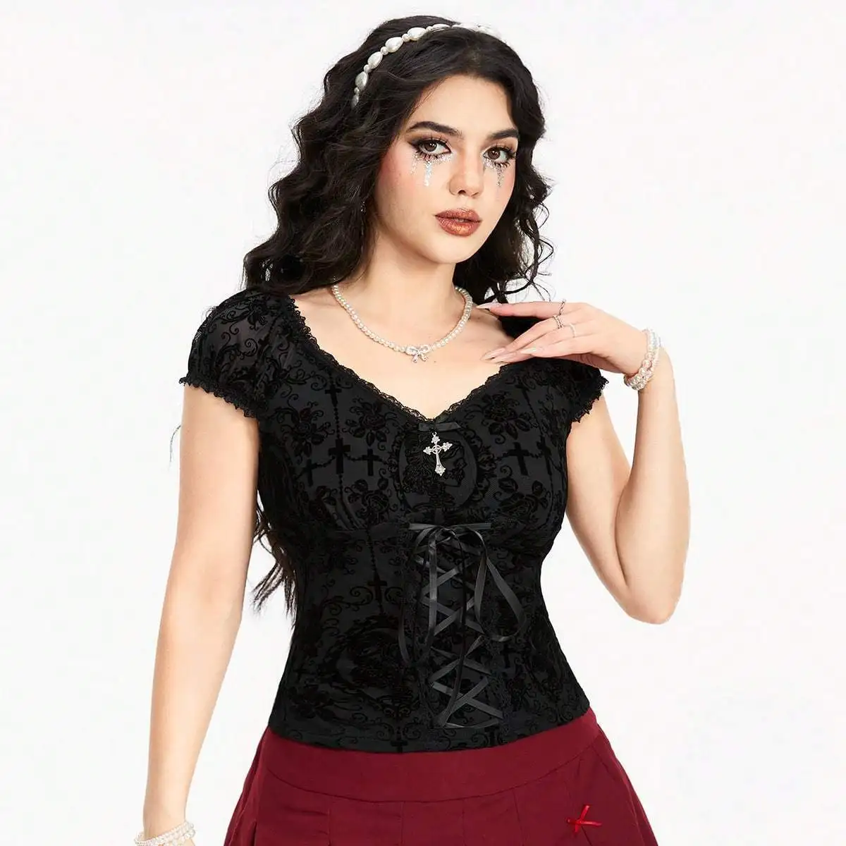 Gothic Style T-shirt Women Casual Short Sleeve Cross Pendant Lace Up Floral Print Ruffle Punk Style Top Subculture Streetwear