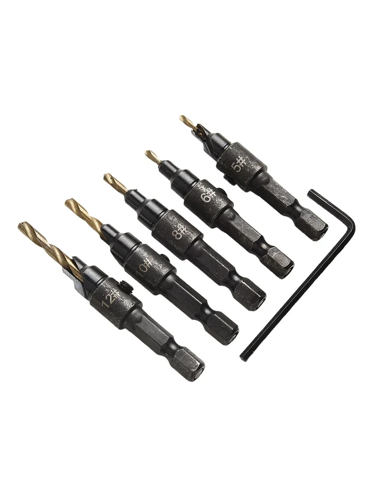 

5pcs Countersink Drill Bits Limiter Hole Opener Woodworking Drilling Tool Hex Shank Step Drill Woodworking Tool Center Drill