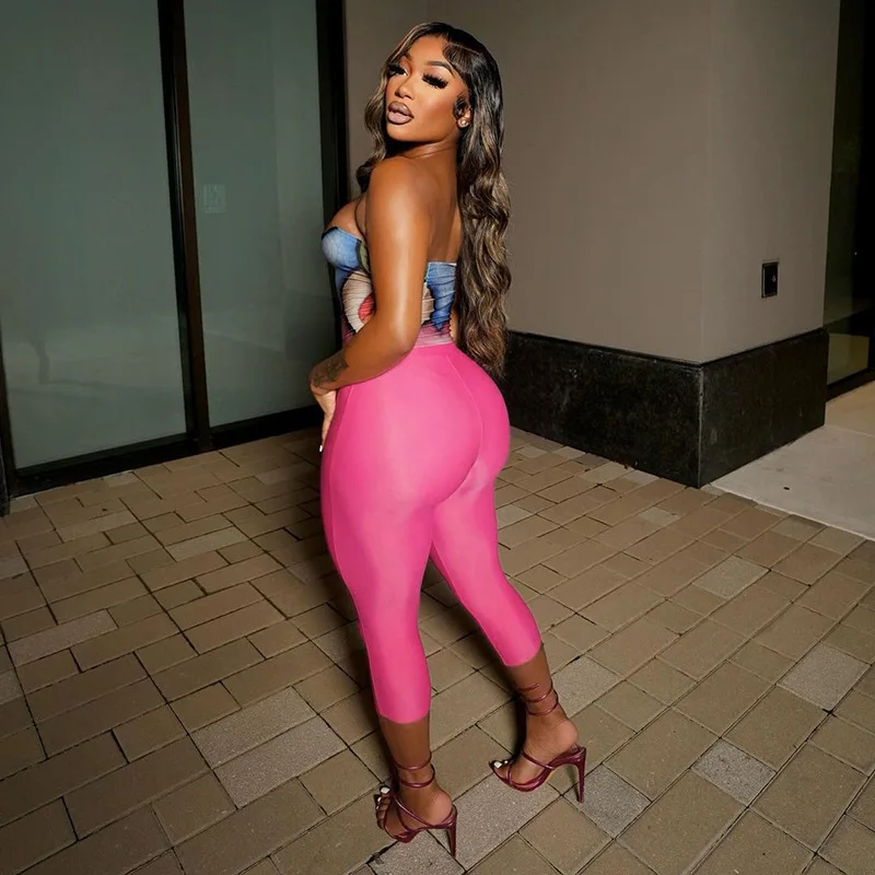 STYLISH LADY 3D Print Two Piece Outfit 2026 Women Hollow O Ring Strapless Top High Waist Shiny Capri Pants Street Club Suit