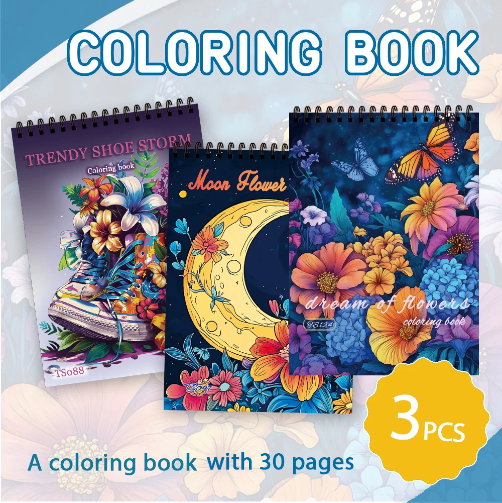 Juego de libros para colorear para mujer, 3 uds., fantasía, estrella, Luna y patrones florales, 30 páginas, encuadernado en espiral, opción de regalo de relajación para aliviar el estrés