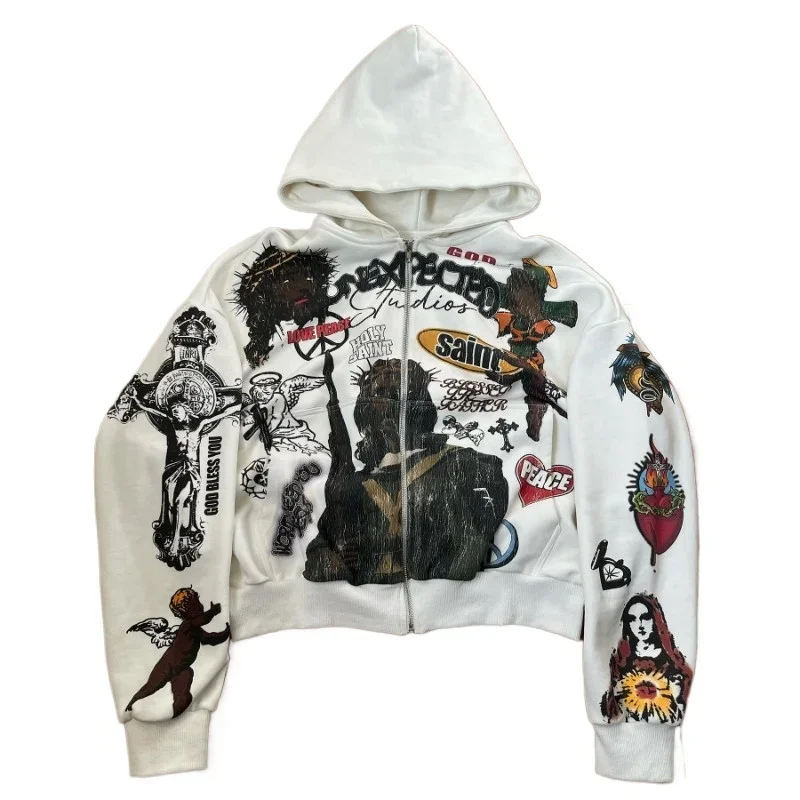 

New retro fashion fun personalized pattern printed women zipper long sleeved hoodie y2k Harajuku casual men and women sportswear