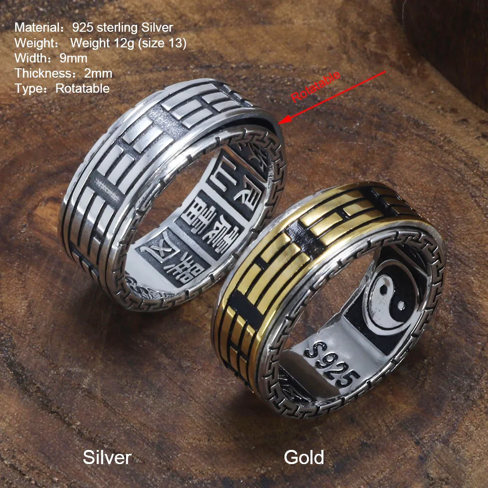 Real 925 Sterling Silver Rings For Men Spinner Rotatable Carving Taiji Bagua Yin Yang With Vintage Great Wall Pattern