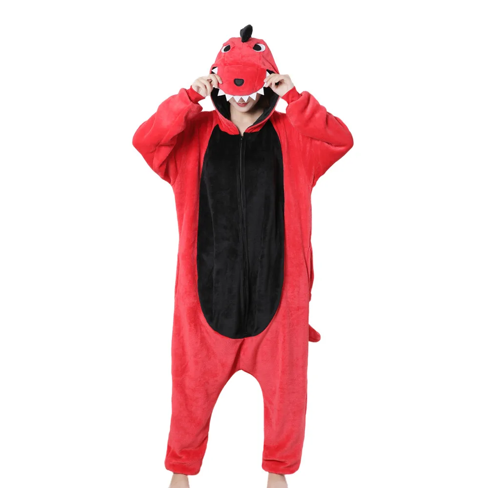 Red Tyrannosaurus Rex Dinosaur Kigurumi Animal Cosplay Costumes Adults Flannel Onesie One piece Pyjamas Halloween Carnival Party