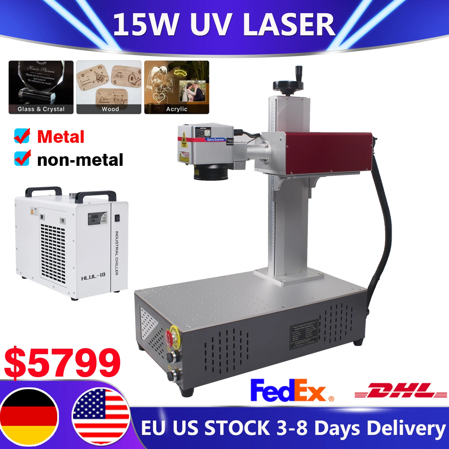 15W UV Laser Marking Machine UV 15W 355nm Laser Engraver for Glass/Wood/PVC/Stainless Steel/Plastic Leather Marking US&EU STOCK