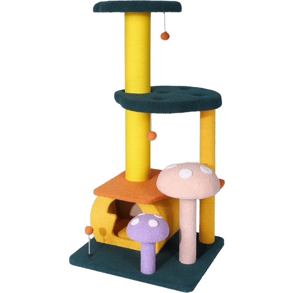 

Mushroom Cat Tree, Cute Cat Tower with Full-Wrapped Sisal Posts, Scratching Boards & Interactive Balls
