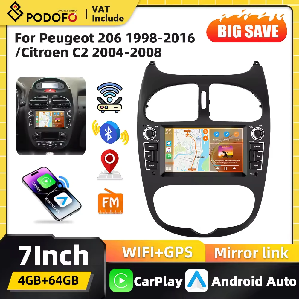 Podofo 7'' 2Din Carplay Autoradio für Peugeot 206 1998-2016 Citroen C2 2004-2008 Android Auto Autoradio GPS FM/RDS