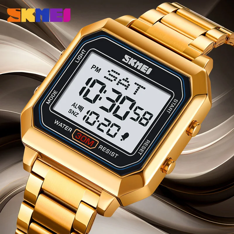 ساعة SkmeiMen الإلكترونية بحزام فولاذي مربع للطلاب، متعددة الوظائف رياضية مقاومة للماء، ساعة إلكترونية مضيئة