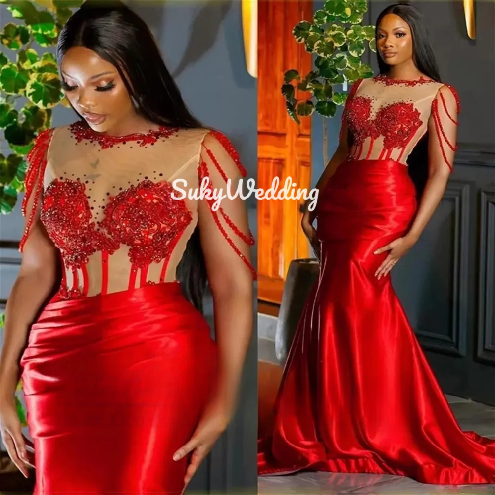 Aso Ebi-vestidos de graduación de manga larga transparentes, Apliques de encaje africanos con vestidos de noche, vestidos de fiesta de noche con cremallera trasera, Rojo