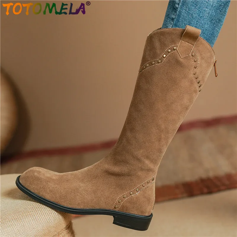 

TOTOMELA Size 34-40 Suede Leather Knee High Boots Women Zipper Rivets Punk Handmade Retro Black Ladies Motorcycle Boots Shoes