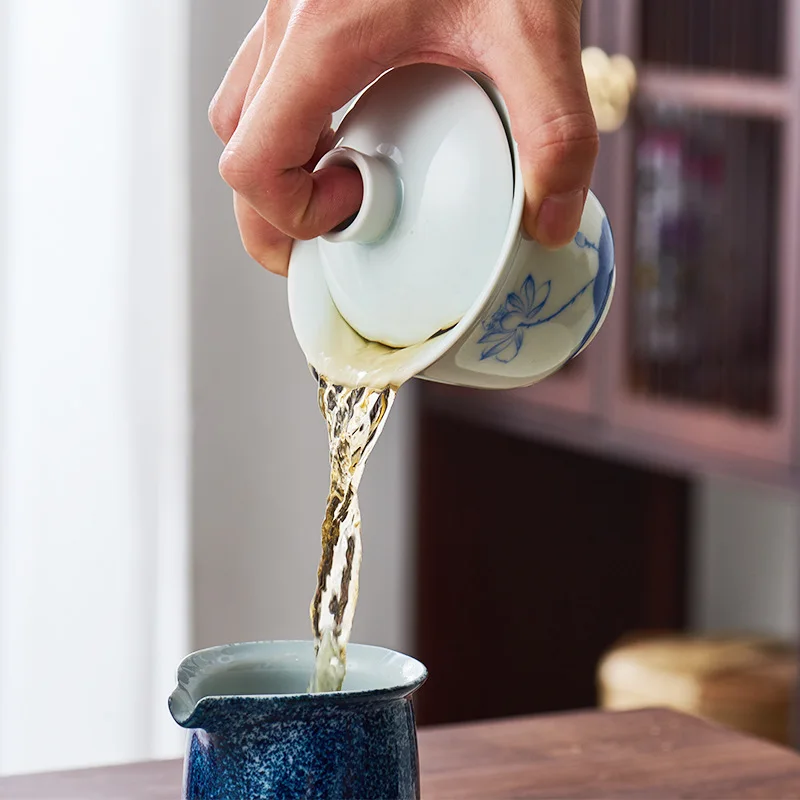 

Hand Painted Sancai Gaiwan Tea Cup Large Celadon Single Blue and White Kung Fu Bowl Ceramic Set Chinese Style