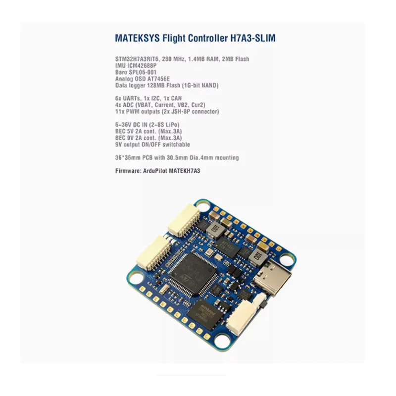 Matek H7A3‑SLIM FC STM32H7A3 ICM42688P SPL06 OSD 128MB Blackbox CAN Dual BEC 5V/9V 2‑8S For ArduPilot FPV Multirotor Drone
