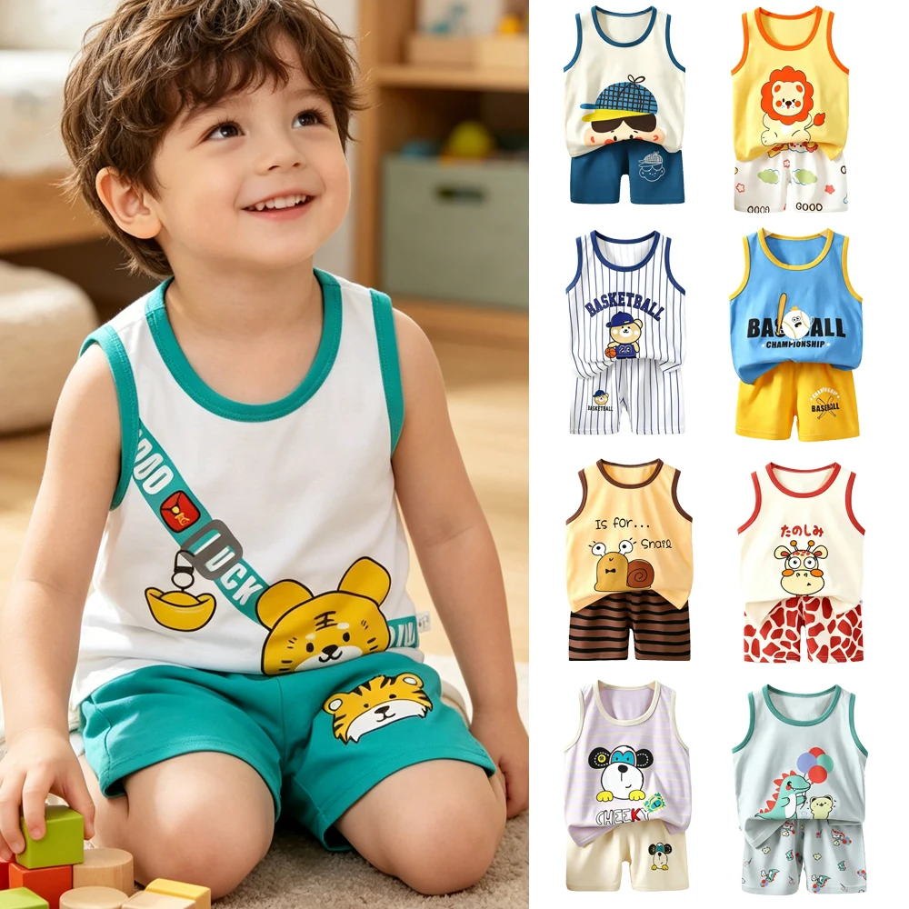 Boys Pajamas Set 1 to 2 3 4 5 6 Years Cotton Summer Toddler Boy Pijama Sleeveless Children's Sets Tops+Shorts Two Pieces Outfits
