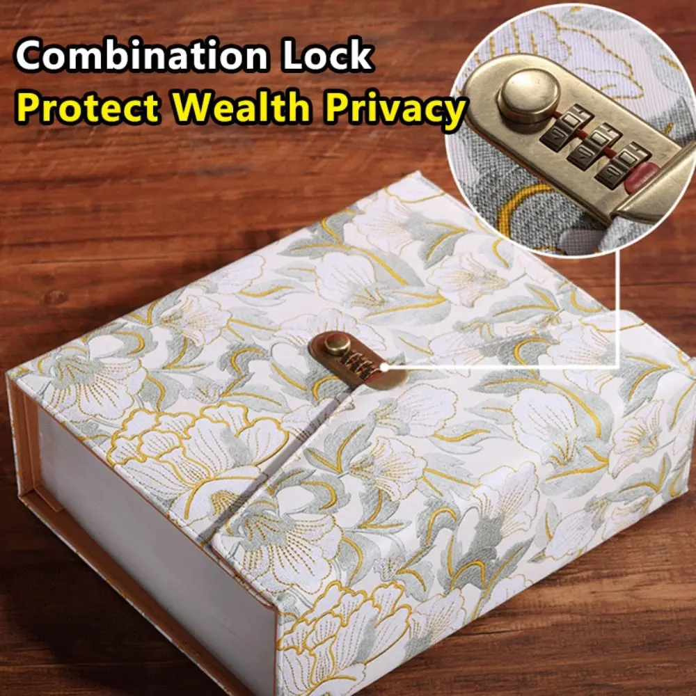 PU Leather Money Savings Binder with Combination Lock Gilt Peony Pattern Cash Storage Book 1000 Pockets Large Capacity