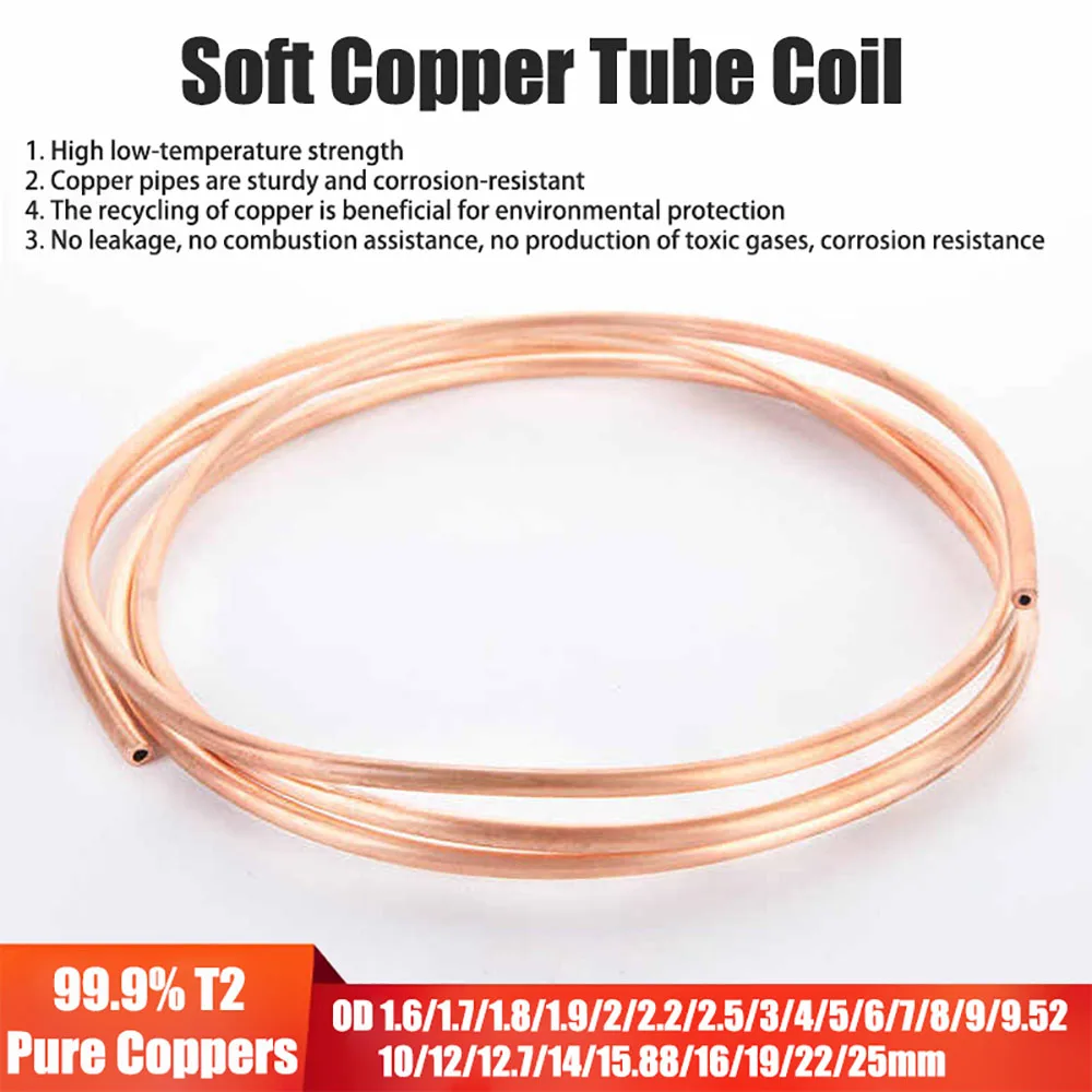 Copper Tube Coil OD 1.6/1.7/1.8/2/3/4/5/6/7/8/9/10/12-25mm 99.9% T2 Pure Coppers Wire Pipe Airs Conditioner Cooling DIY Crafts