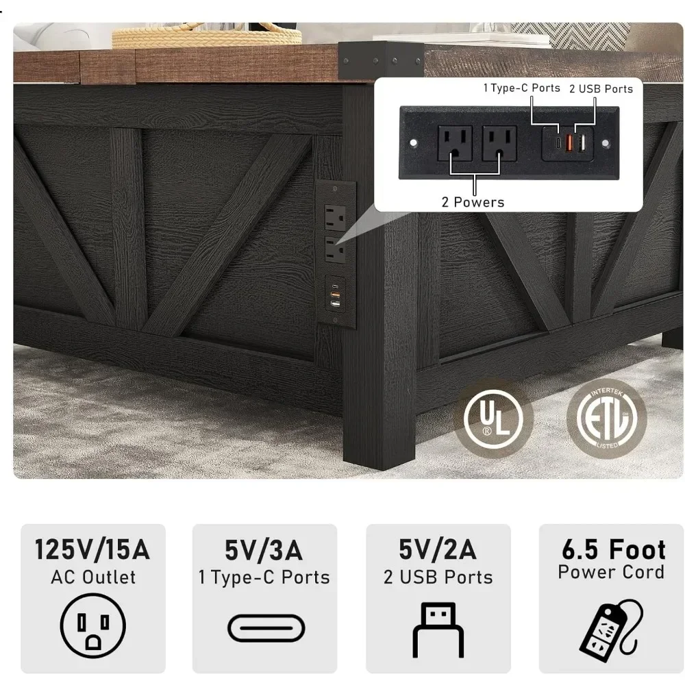 Mesa de centro elevatória de fazenda com armazenamento, mesa central quadrada de madeira com estação de carregamento e portas USB, mesa central da sala de estar