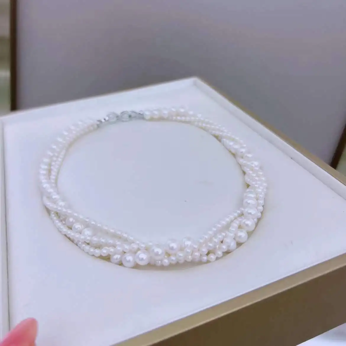 Women's New Design 4 ROWS 4-5mm 8-9mm Natural South Sea White Pearl Necklace 17.5-18 Inch