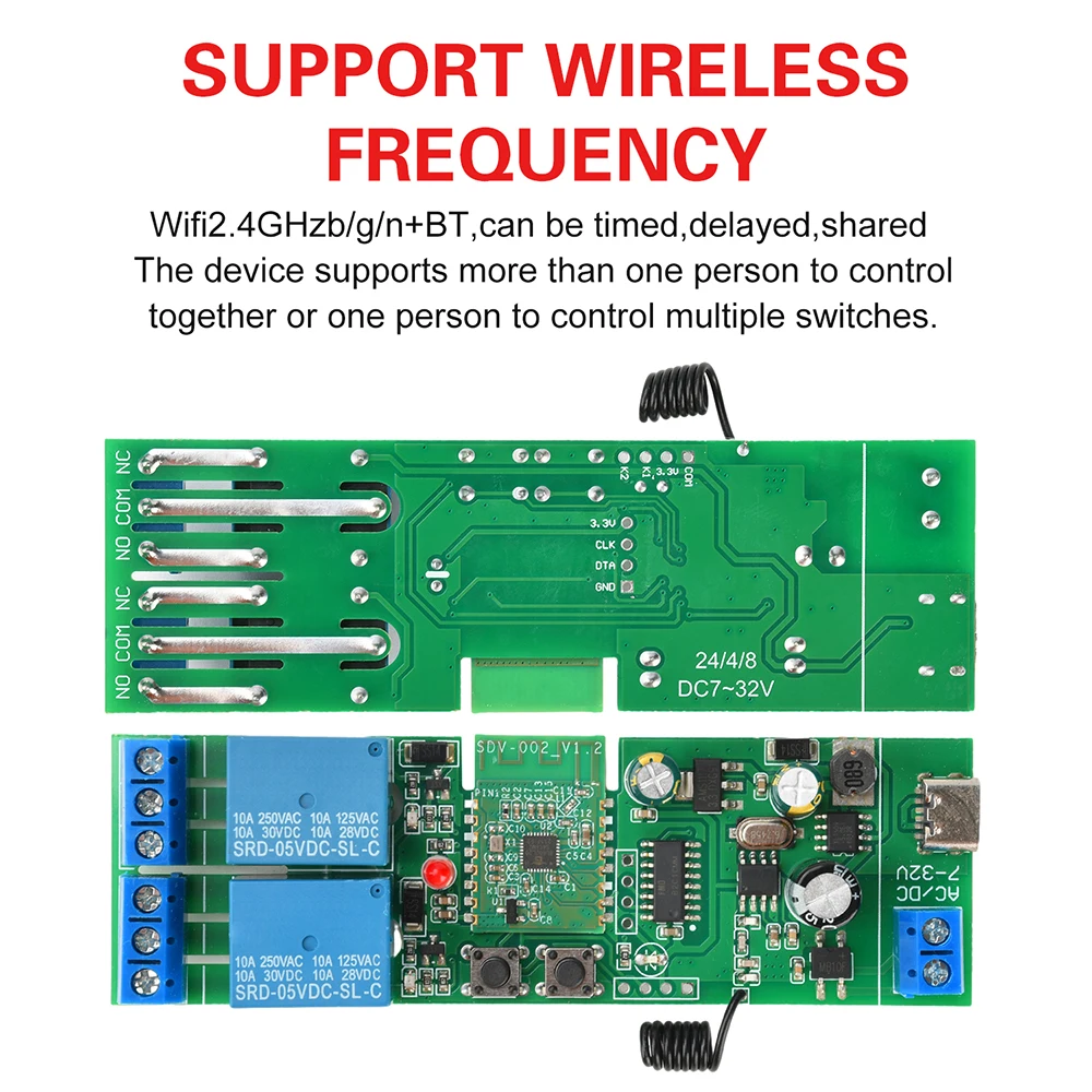 

AC/DC 7-32V DIY Jog Inching Self-Locking WIFI Wireless Smart Home Switch Wireless Relay Module supports APP Remote Control