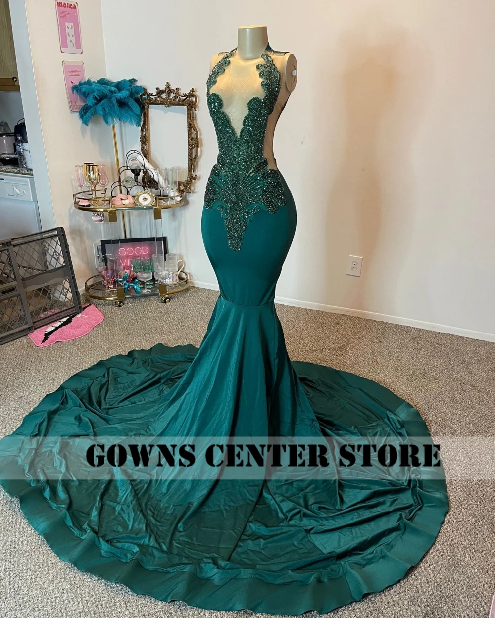 Abiti da ballo a sirena verde foresta Abiti da gala da sera per ragazze nere personalizzati Strass Cristalli Abito da cerimonia nuziale Aso Ebi