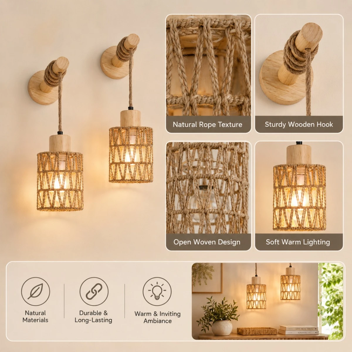 JOYINLED Pack of 1/2 E27 Wall Light Fixture Japanese Style Woven Paper Rope Wall Sconce Wood Grain Finish Iron Body Basket Shade