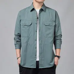 Pure Cotton Safari Style Shirts Coats Men Long Sleeve Casual Harajuku Loose Lapel Spring Autumn Business Pocket All-match Jacket