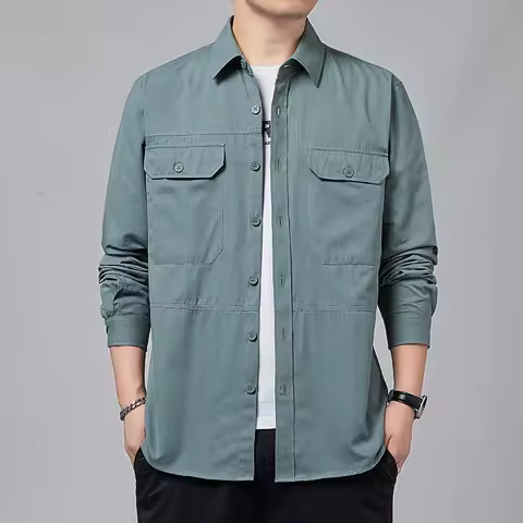 Pure Cotton Safari Style Shirts Coats Men Long Sleeve Casual Harajuku Loose Lapel Spring Autumn Business Pocket All-match Jacket