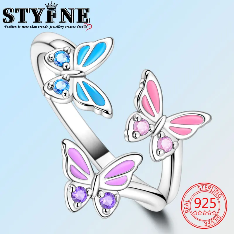 Animals Pets 925 Sterling Silver Blue, Pink and Purple the Three Butterfly Ring One Size Fits All For Women's Exquisite Jewelry