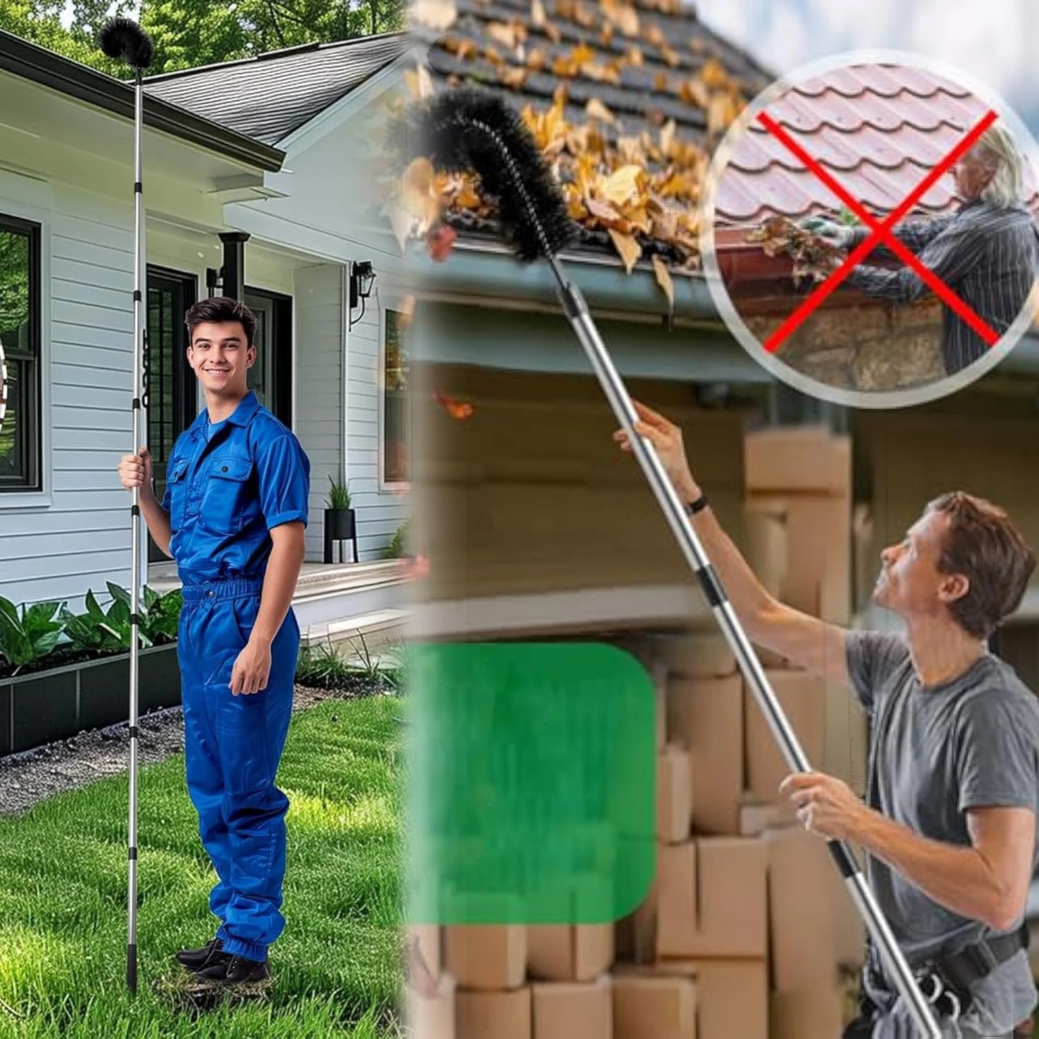 Rain Gutter Cleaning Tools from The Ground, Long-Reach Brush with Pole for Removing Leaves Debris from Roof Gutters