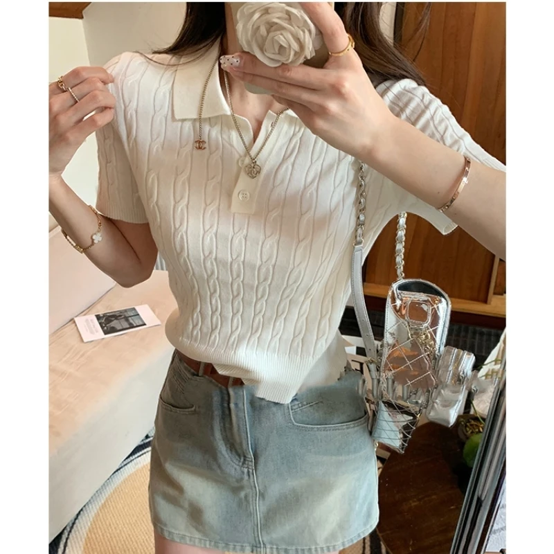 Women\'s Summer Polo Collar Short Sleeved Ice Silk Loose Solid Color Lapel Knit Cardigan T-Shirt Top