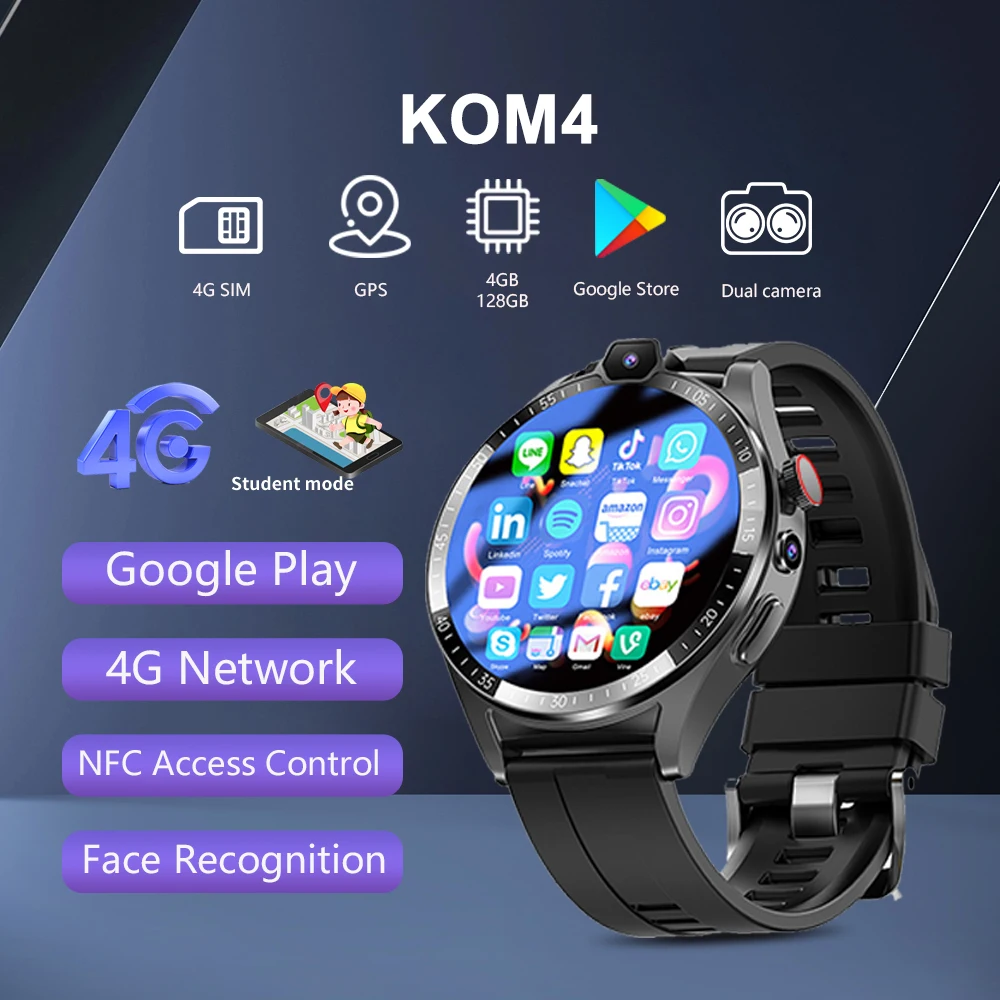 

SERVO KOM4 4G Network Smartwatch Dual Camera SIM Card Face Recognition GPS WIFI 128GB Google Store NFC Access Control Men Watch