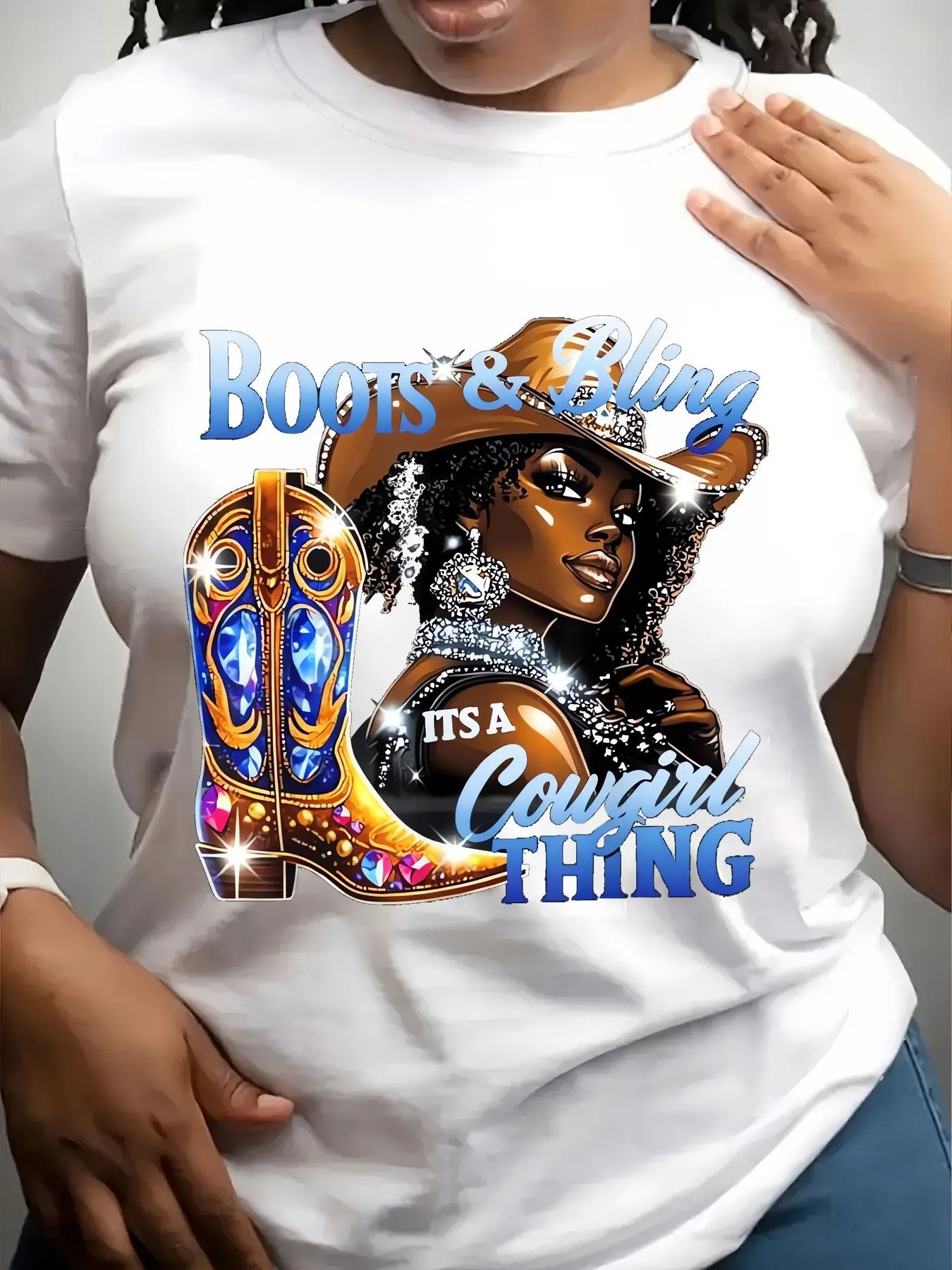 Women's Trendy Crew Neck T-Shirt Boots and Bling Cowgirl Thing Suitable for Casual Sportswear