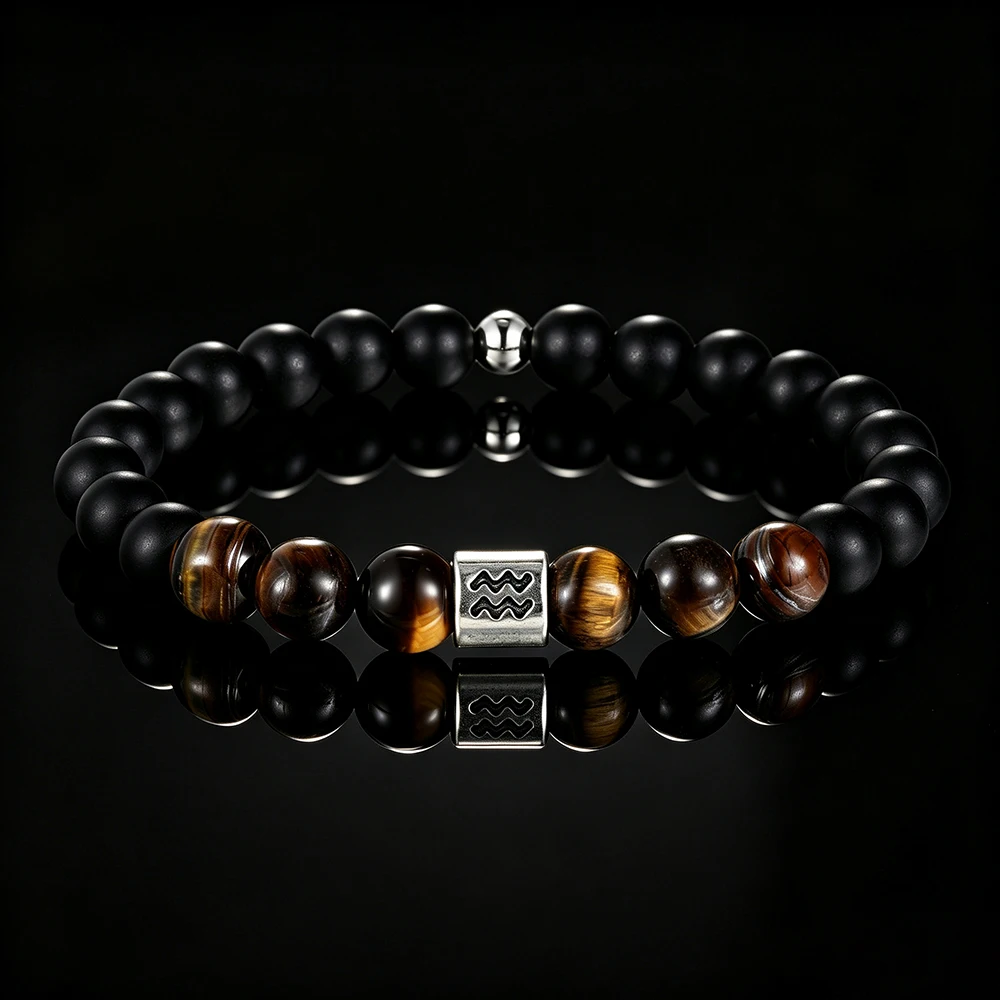 Handgefertigtes 12-Sternzeichen-Armband, elastisch, mit natürlichen Tigeraugensteinperlen, Sternzeichen-Anhänger, Unisex-Geburtstagsgeschenk für Männer und Frauen – Detail 8