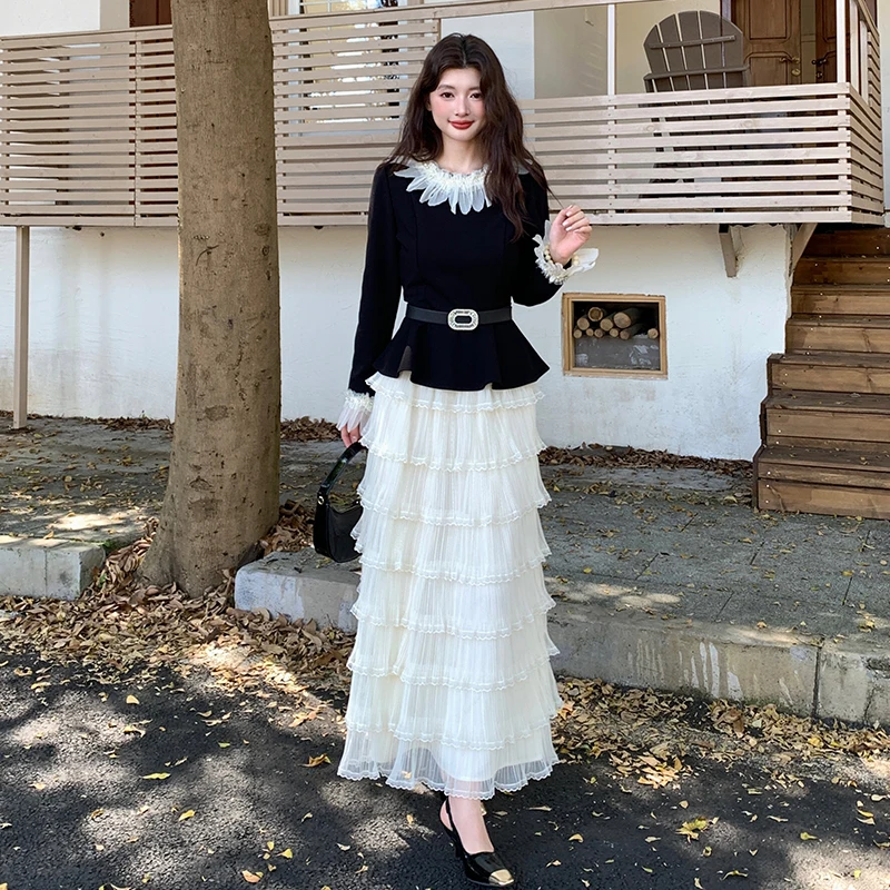 النمط الفرنسي ارتفاع الخصر مطوي تول تنورة المرأة تنوعا منتصف طول كعكة تنورة الطازجة الحلو نمط مريح مجموعة عادية #5