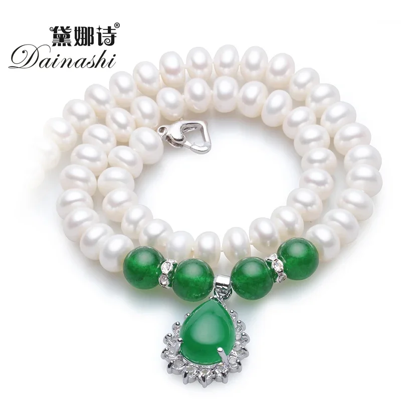 

Dainashi Forever Classic Green agate with 8-9mm/9-10 mm natural pearl necklace high quality pearl jewelry for women