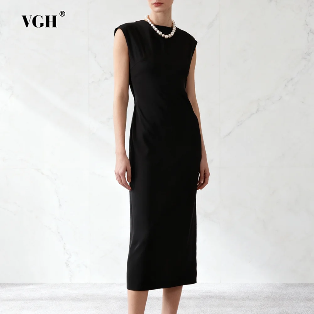 

VGH Sexy Solid Slimming Spliced Metal Buckle Dresses For Women Round Neck Sleeveless Backless High Waist Chic Dress Female New