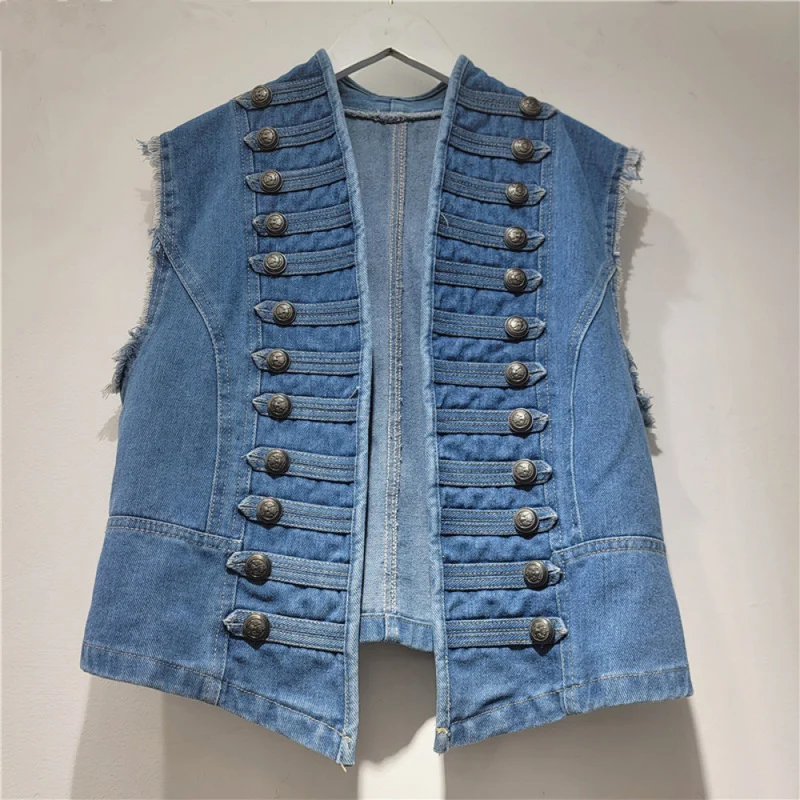 QICHE 2026 Summer New Women Heavy‑Craft Denim Vest V‑Neck Cropped Sleeveless Biker‑Style Casual Outerwear