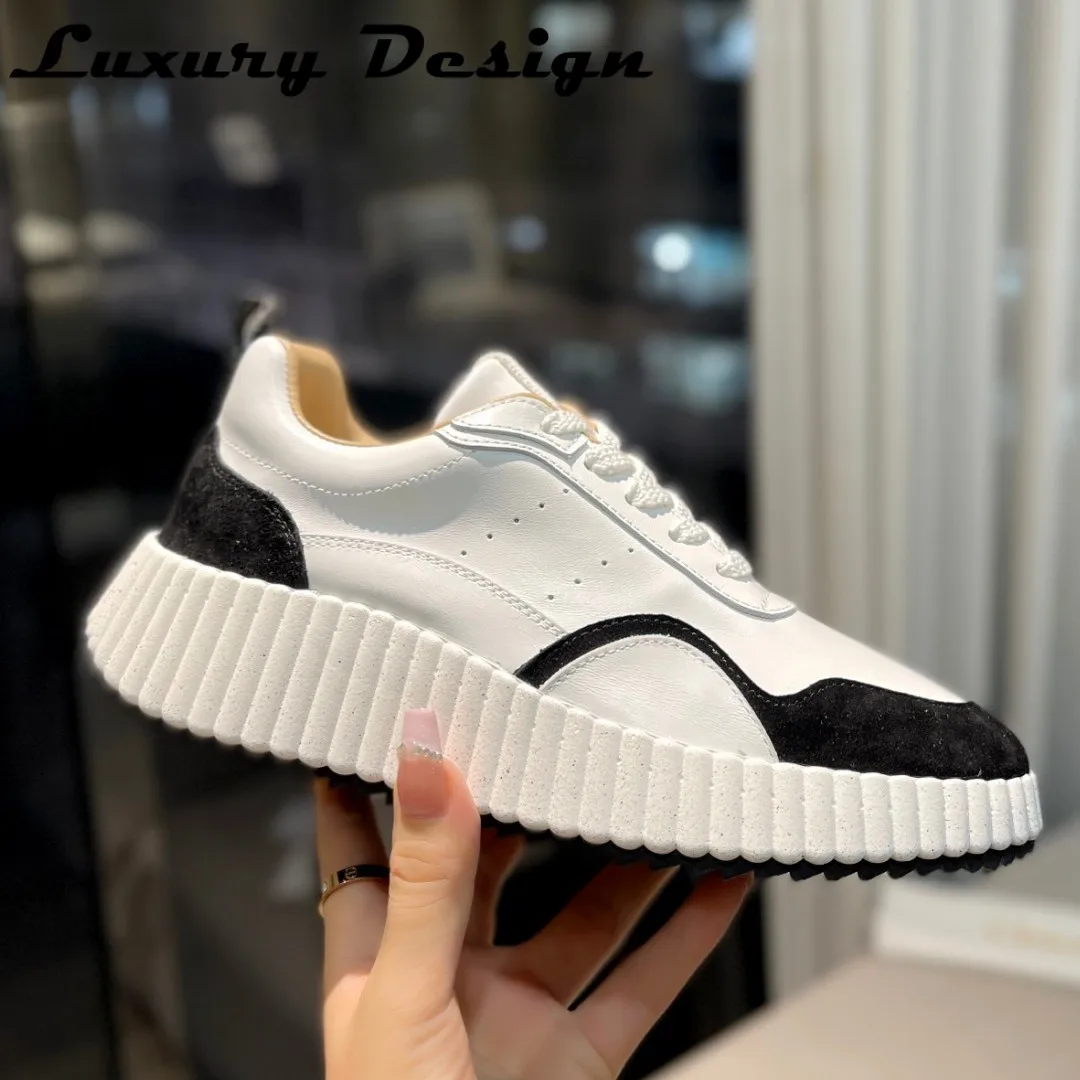 Luxury Women Nama Sneakers Knitted Platform Sneakers Round Toe Flats Women Lace Up Patchwork Hand Stithced Walking Tennis Shoes