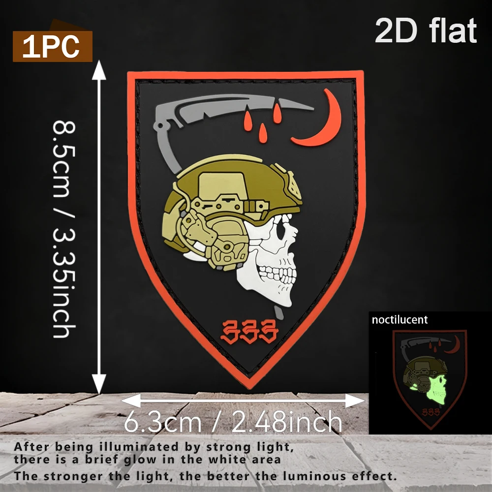 Specifications Available: 1Pc/2Pcs/3Pcs 2D Irregular Shield-Shaped Tactical Helmet Skull Sickle Crescent Pvc Rubber Velcro Patch with Luminous Effect, Includes Felt Backing, 3D Embossed White Skull Area, Strong Glow in the Dark, Layered Design, Waterproof, Wear-Resistant, Non-Fading, Suitable for Tactical Vests, Work Backpacks, Hardcore Military Enthusiasts, Decorative Patch. Dimensions: 8.5Cm×6.3Cm, Orange-Red Border, Contrasting Color Layered Design, Waterproof, Wear-Resistant, Non-Fading, Suitable for Tactical Vests, Work Backpacks, and Military Enthusiasts