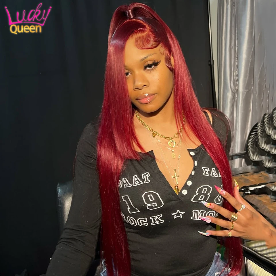 

Dark Burgundy Red Straight Pre Plucked Brazilian Wigs 180 Density Human Hair #99J Baby Hair Transparent Lace Frontal For Women