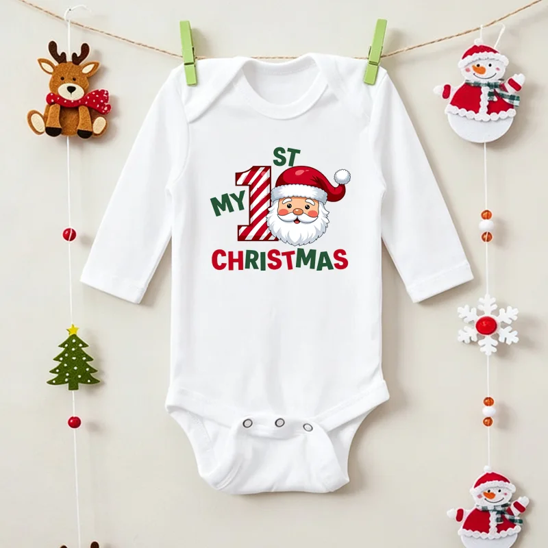My First Christmas Baby Bodysuit Long Sleeve Santa Claus Print Newborn Romper Xmas Outfit Infant Jumpsuit Holiday Photo Clothes