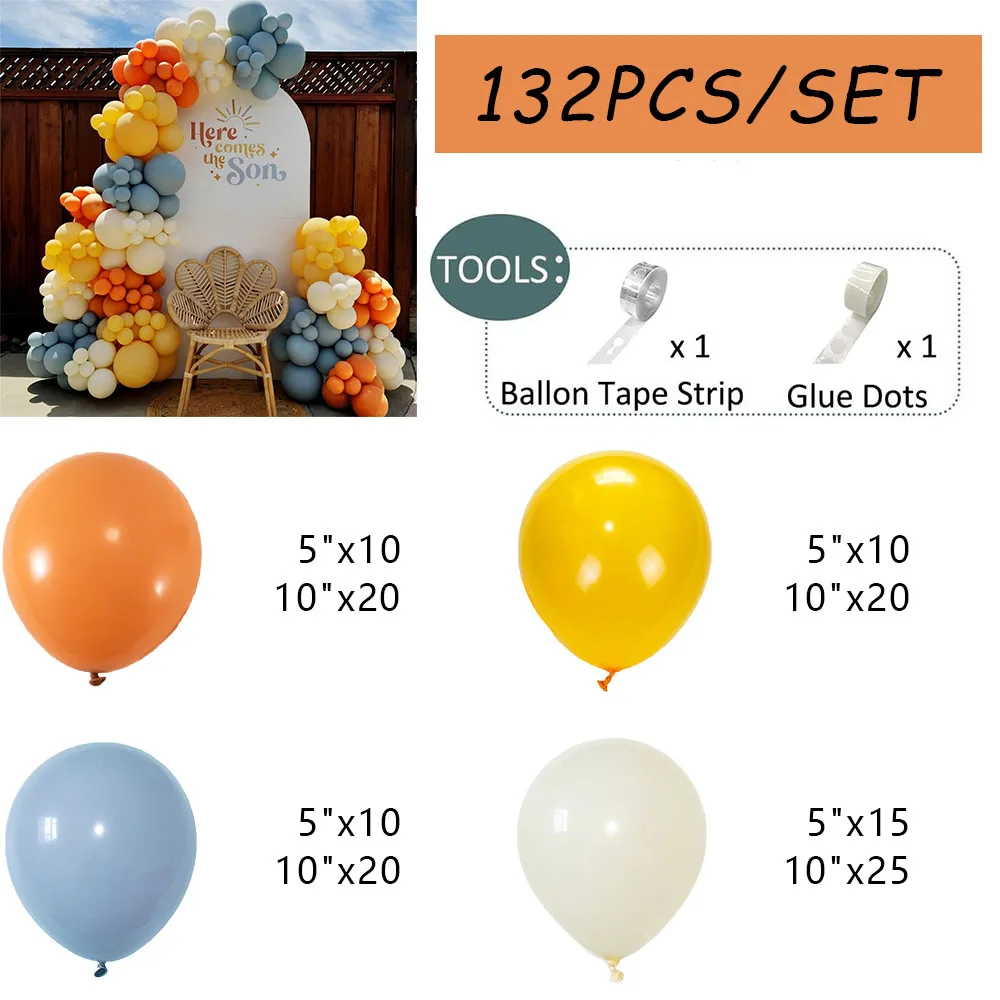 132Pcs Boho Retro Dusty Blue Burnt Orange Yellow Balloons Arch Garland Kit Baby Boy Shower Sunshine Theme Birthday Party Decor