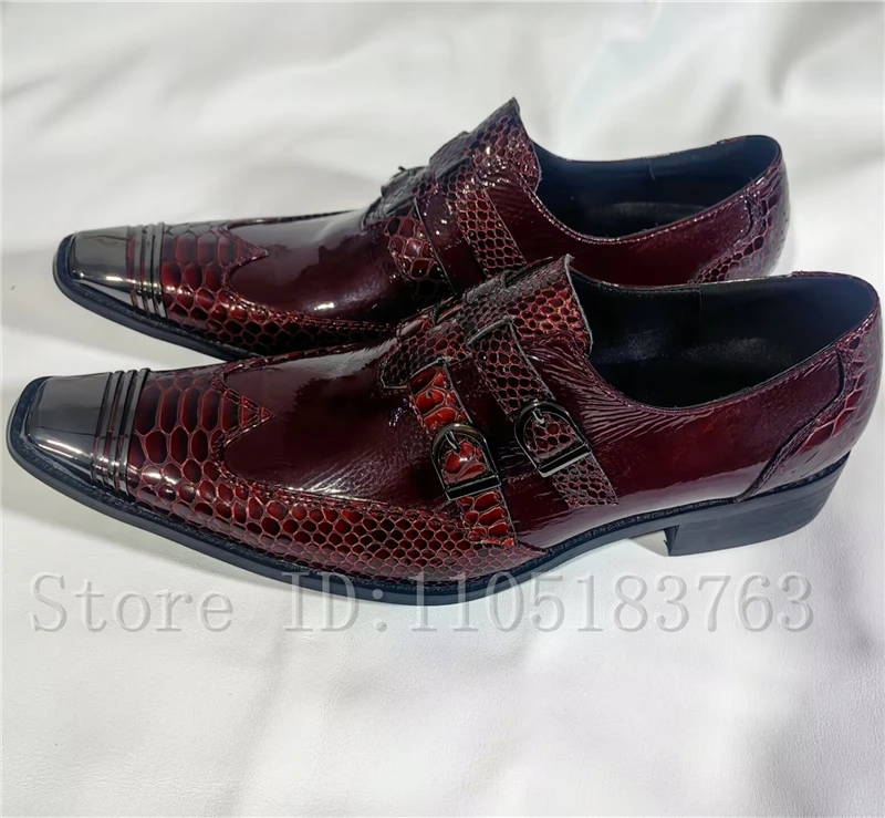 Men Wine Red Crocodile Pattern Double Buckle Dress Shoes, Square Toe Buckle Formal Loafers for Wedding Party Business Office view 3