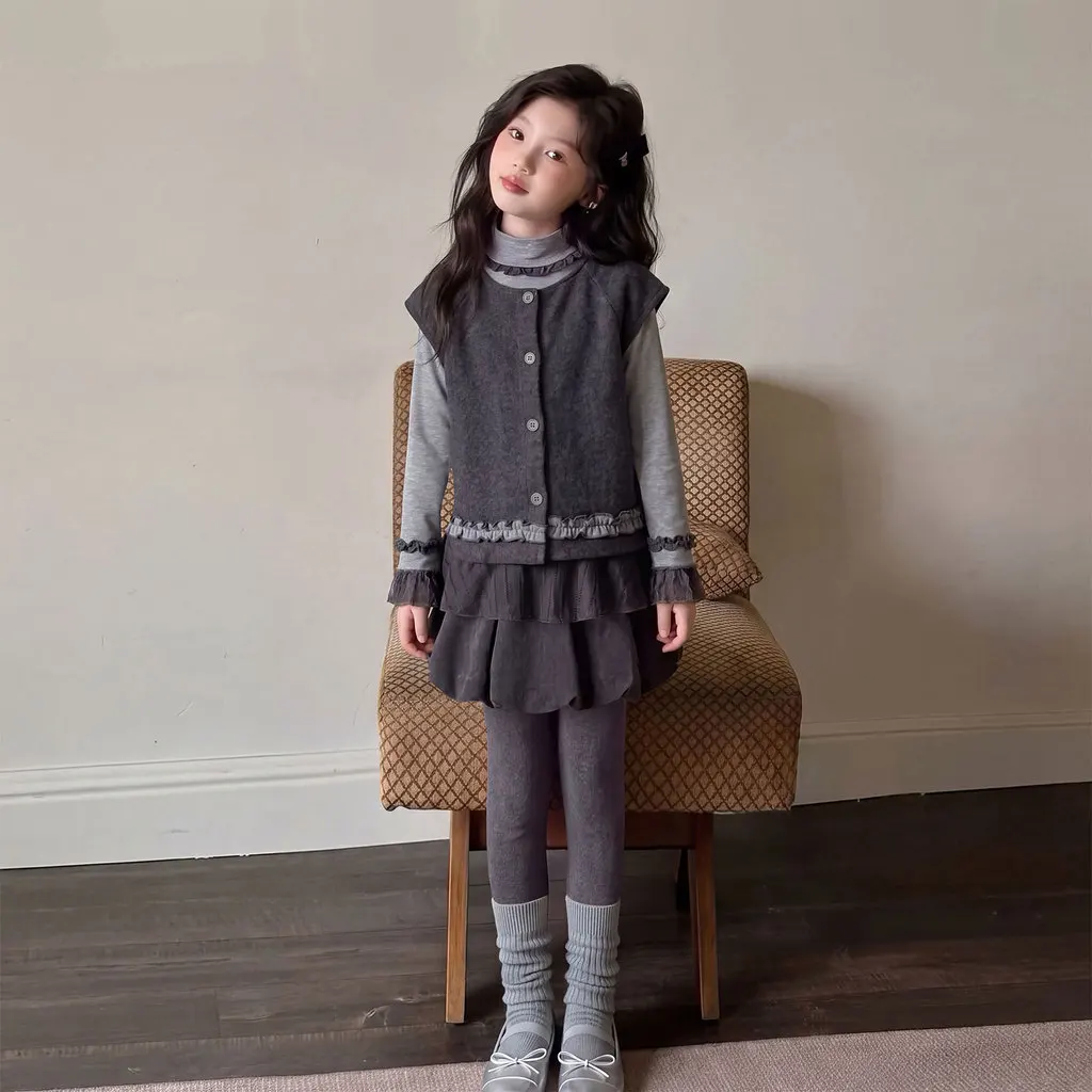 Children Clothes Suit Girls Turtleneck Lace Long Sleeve Top with Ruffle Vest and Skirted Leggings