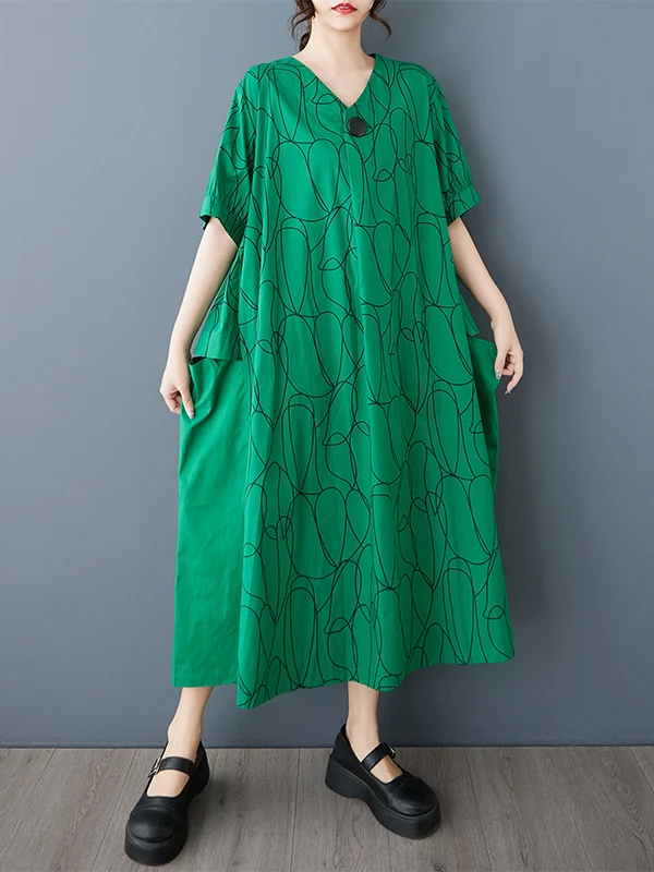 فستان نسائي صيفي جديد بمقاسات كبيرة، تصميم عصري مطبوع برقبة على شكل V، فضفاض ونحيف، مضاد للشيخوخة، تنورة على شكل حرف A، أسلوب... #4