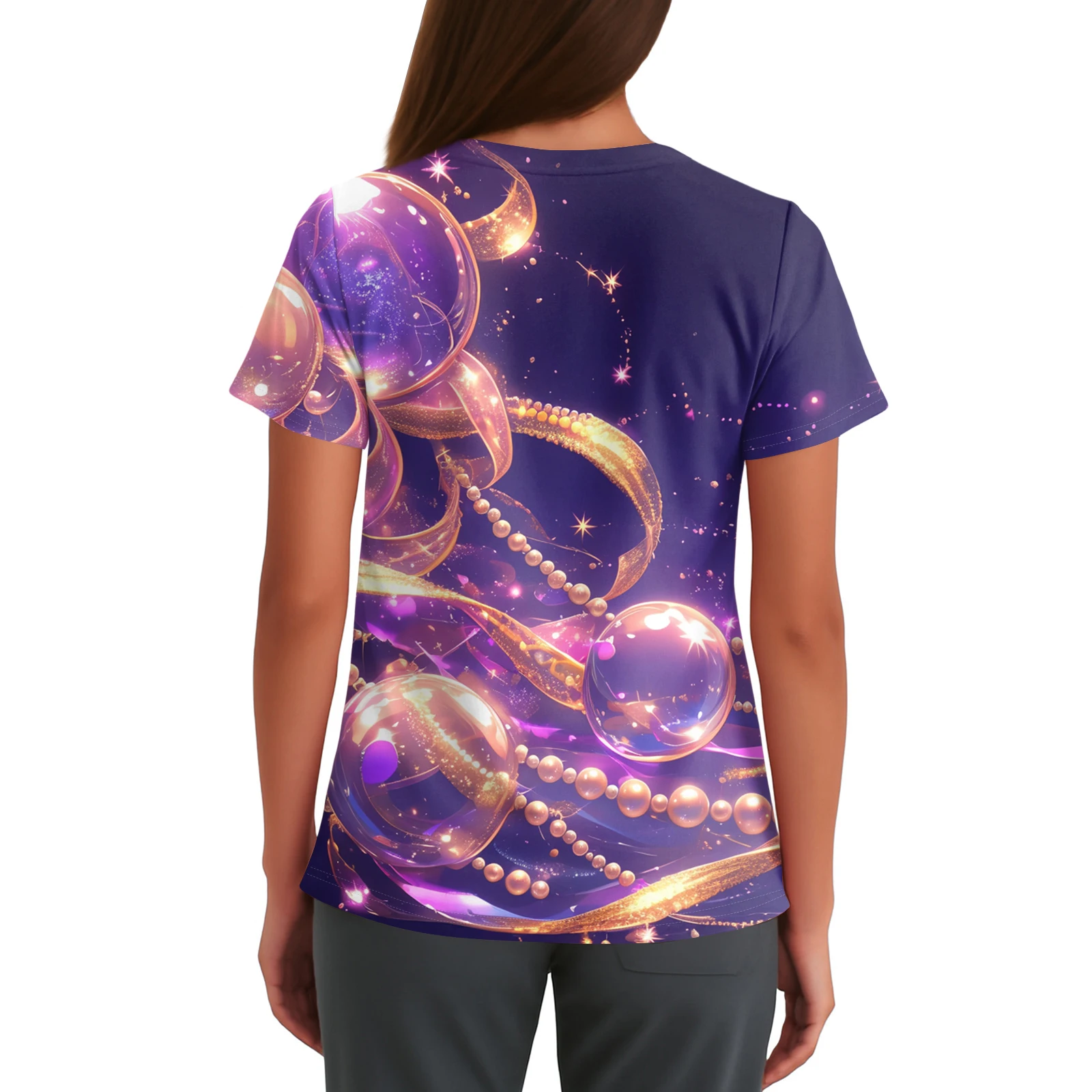 เสื้อพยาบาลสำหรับงานคาร์นิวัล เสื้อผู้หญิง คอวีทันสมัย พิมพ์ลาย แขนสั้น ทรงพื้นฐาน มีช่องระบายอากาศด้านข้างและกระเป๋าเสื้อยืด