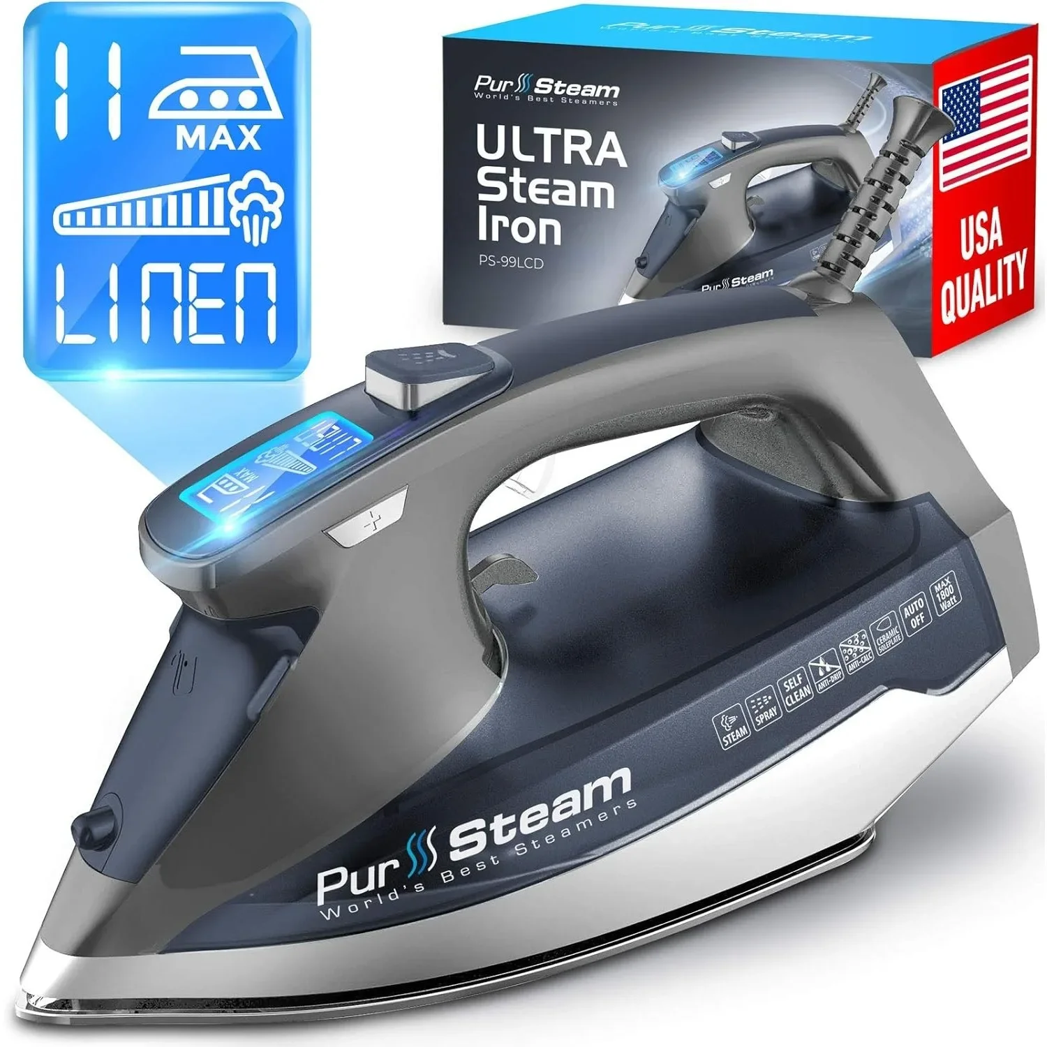 Iron for Clothes 1800W with LCD Screen, Nonstick Ceramic Soleplate, Auto Shutoff, Anti-Drip, Self-Cleaning