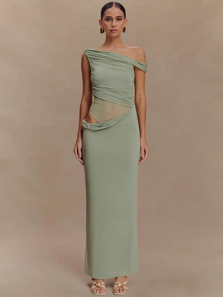 

XIAOTANG One Shoulder Slinky Sexy Maxi Dress Women Summer Fashion Backless Sleeveless Split Club Party Long Dress Elegant